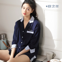 安之伴棉质弹力针织素色国民领八分袖短裤女套装82k7219