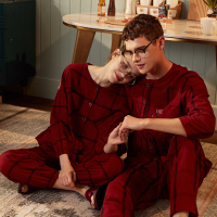 新品梭织长袖情侣套装春秋时尚宽松可外穿格子女士家居服睡衣