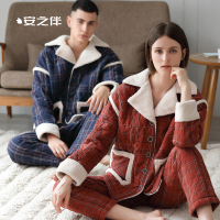 安之伴睡衣女冬三层加厚夹棉格子情侣长袖韩版青年开衫男士家居服