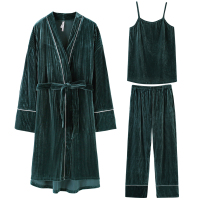 安之伴特卖金丝绒剪条素色吊带长袖三件女套装D33B202