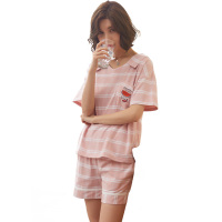 纯棉短袖针织印条女套装