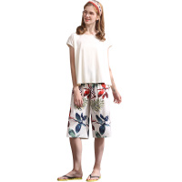 纯棉弹力针织素色插印花短袖女套装