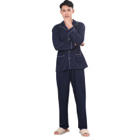 睡衣仿麻丝光棉素色国民领长袖男套装