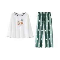 纯棉双面针织素色插印花长袖女套装