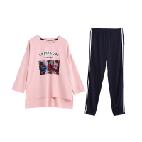 纯棉双面针织素色长袖女套装