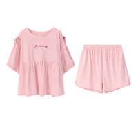 针织色织条五分袖女套装