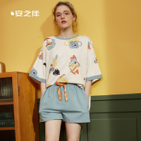 睡衣纯棉弹力针织印花五分袖女套装