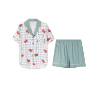 安之伴睡衣女夏纯棉弹力针织印花国民领短袖女套装