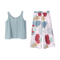 安之伴睡衣女夏纯棉弹力针织素色背心套装