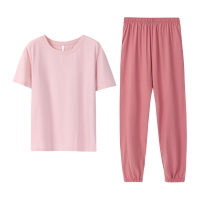 安之伴睡衣情侣夏纯棉弹力针织素色短袖女男套装