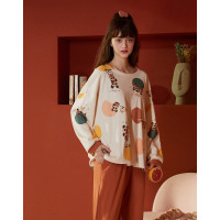 纯棉双面针织印松松长袖女套装