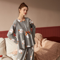 纯棉双面针织印草莓长袖女套装