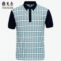 Youngor/雅戈尔夏季男士丝光棉商务休闲白底翠绿格短袖T恤