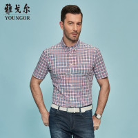 Youngor/雅戈尔夏季新品男士商务休闲纯棉白底红格修身短袖衬衫500NKY