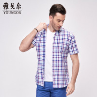 Youngor/雅戈尔夏季新品男士商务休闲纯棉白底紫格修身短袖衬衫296KKY