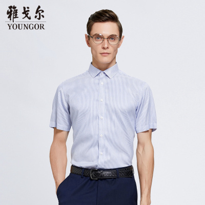 Youngor/雅戈尔夏季新品男士商务休闲白底蓝条桑蚕丝短袖衬衫555HFA