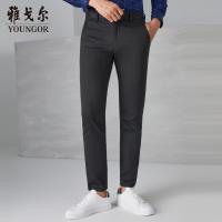 Youngor/雅戈尔男装商务休闲棉锦弹面料 无裥 优雅素色墨绿裤子