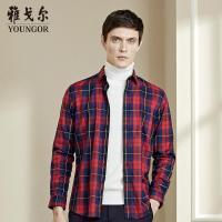 雅戈尔男装长袖衬衫春秋男士红色格纹绒面磨毛上衣修身男