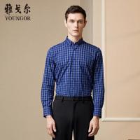 雅戈尔男装长袖衬衫春秋男士蓝白格纹绒面磨毛上衣修身男