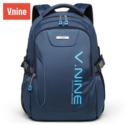 第九城(V.NINE)男士商务电脑包防泼水多功能大容量双肩包潮流背包学生书包蓝色可装15.6英寸笔记本