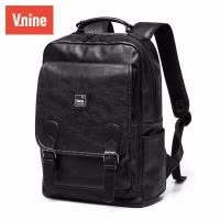 第九城（V.NINE） 双肩包男士潮流复古PU软皮背包大容量防泼水14英寸电脑包时尚韩版学生书包 黑色