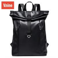 第九城(V.NINE) 休闲男士双肩包软皮背包PU学生书包时尚潮流运动旅行多功能电脑包14英寸 黑色