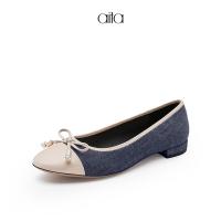 AITA深蓝色织物PU革女士浅口单鞋