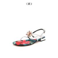 AITA艾塔 夏季新款圆头水钻平底印花女鞋夹趾罗马绑带鞋凉鞋