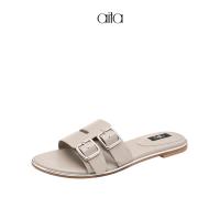 AITA艾塔 夏季新款圆头皮带扣饰平底一字凉鞋外穿百搭女凉拖