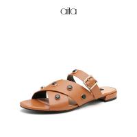 AITA艾塔 夏季新款圆头纯色金属扣饰一字平跟凉拖外穿女拖鞋