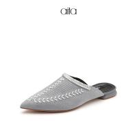 AITA艾塔 夏季新款尖头条纹编织深口平底包头外穿凉拖穆勒鞋