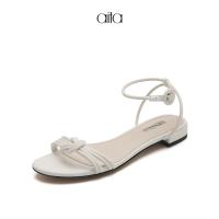 AITA艾塔 夏季新款圆头优雅细带结饰平跟露趾一字带女凉鞋