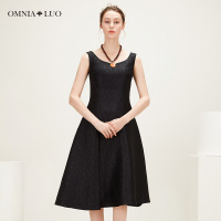 商场同款欧柏兰奴新款大V领无袖收腰显瘦A字连衣裙礼服裙女中长款