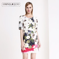 欧柏兰奴高腰a字裙 唯美印花短袖连衣裙 中长款