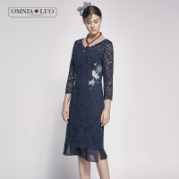 商场同款欧柏兰奴新款蕾丝印花连衣裙鱼尾裙中长款女