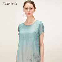 商场同款欧柏兰奴2019新款中国风水墨印花圆领短袖连衣裙中长款女