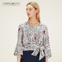 欧柏兰奴2019春季新款职业通勤V领条纹印花七分袖系带女上衣衬衫