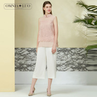 欧柏兰奴新款盘扣立领蕾丝拼接无袖女上衣衬衫