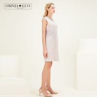 欧柏兰奴2019春季新款小香风圆领无袖收腰小A字短款连衣裙