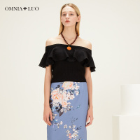 商场同款欧柏兰奴新款一字肩荷叶领修身针织女上衣短袖T恤