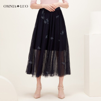 商场同款欧柏兰奴新款高腰双层纱黑色半身裙中长款