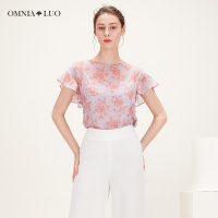 欧柏兰奴2019春季新款圆领甜美印花两件套女上衣衬衫雪纺衫短款