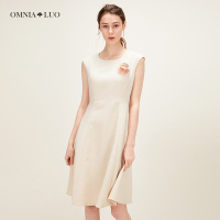 商场同款欧柏兰奴2019春季新款圆领无袖收腰显瘦白色连衣裙礼服裙