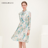 欧柏兰奴2019春夏新款甜美时尚印花系带收腰显瘦长袖连衣裙中长款