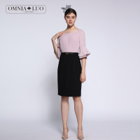 商场同款欧柏兰奴新款拼接五分喇叭袖连衣裙铅笔裙夏