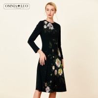 商场同款欧柏兰奴秋季新款羊毛收腰印花中长款连衣裙女