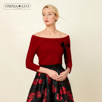 商场同款欧柏兰奴新款大红色一字肩针织衫毛衣女上衣