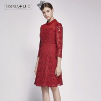 商场同款欧柏兰奴新款大红色蕾丝拼接中长款连衣裙