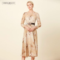 商场同款欧柏兰奴新款桑蚕丝优雅印花腰带长款飘逸连衣裙女