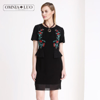 欧柏兰奴秋品上新中长款短袖商务礼服绣花连衣裙